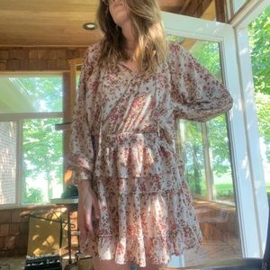 tan red & brown floral long-sleeve dress